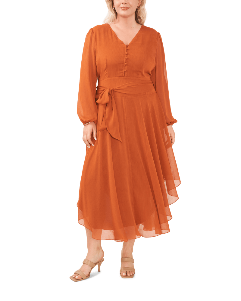 Front of a model wearing a size 1X Abigail Maxi Dress in RUSTIC by Vince Camuto. | dia_product_style_image_id:260829